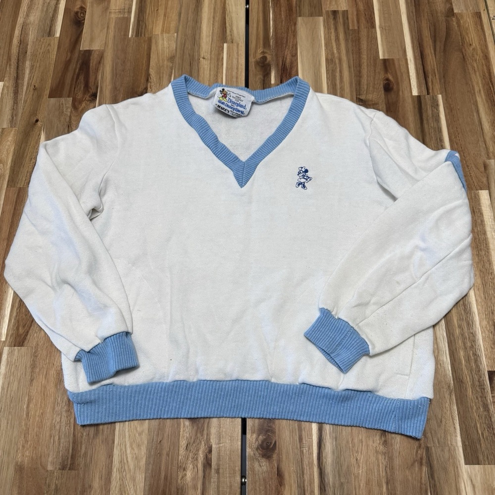 Vintage Disney Sweater Womens L White Blue Mares Minnie Mouse Vneck 70s‎